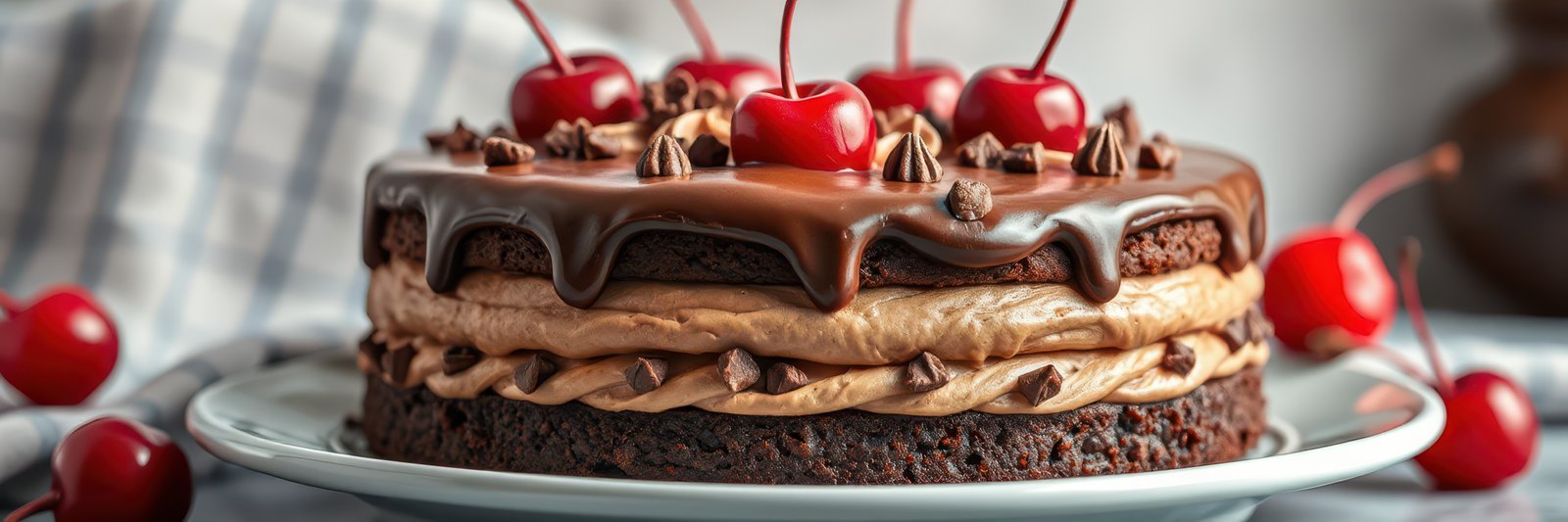 Decadent chocolate cake topped with cherries and chocolate swirls creates an enticing dessert display